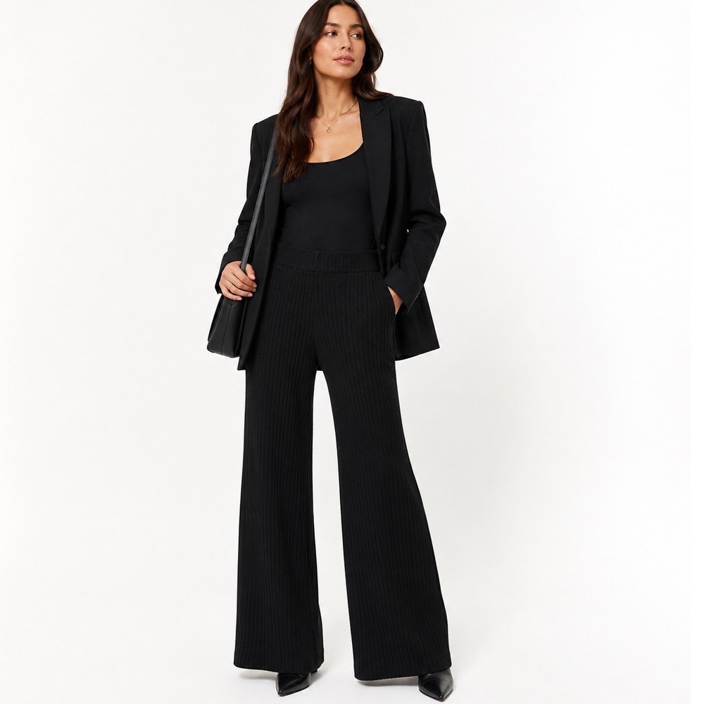Universal Standard Aspen Rib Wide Leg Flare Pants XS 10-12 Black Knit Pull On
